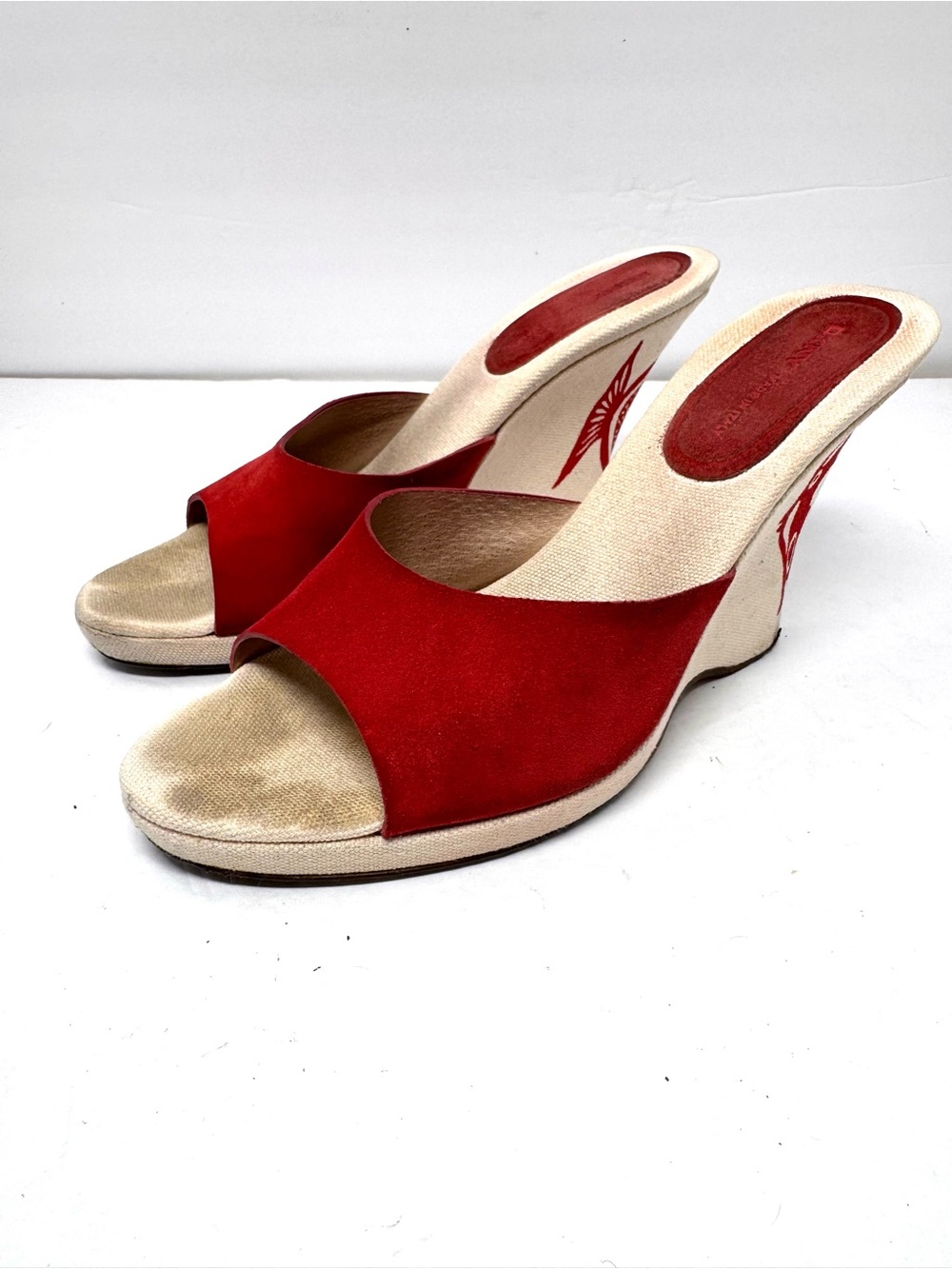 DKNY red suede peep toe wedges, made in Italy, size 9